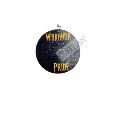 Close-up view of Wakanda Pride wooden disc earrings showing rich black finish and comfortable lightweight design